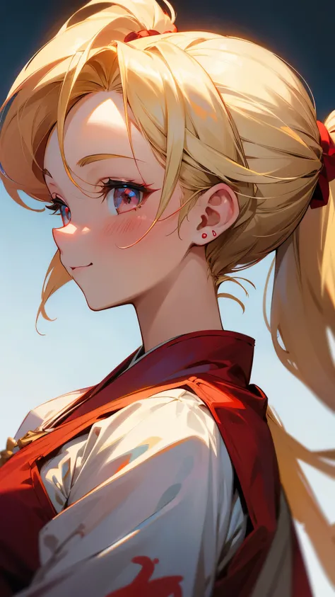 1 girl、Anime style painting、Blonde、Half Ponytail、Ruby-like eyes、smile、From the side、Upper body close-up、White and red clothes