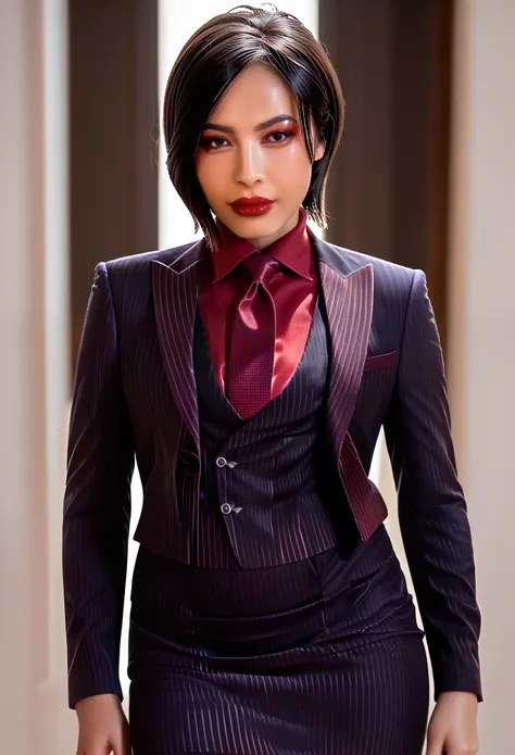 score_9, score_8_up, score_7_up, ada wong, awong_re4rm, three-piece suit, ((waistcoat)), black pinstripe skirt suit, dress shirt, red silk necktie, blazer, suit jacket, bodycon pencil skirt, red shirt, suit trim, makeup, lipstick, black pantyhose, 1girl, p...