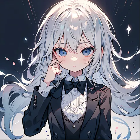 Best Quality, Super Fine, 16k, Incredibly absurd, Very detailed, 2.5D, Delicate and dynamic, (One Girl), Big, cute, droopy black eyes, Short, messy, wavy silver hair, Lady, Captivating look, Flat Chest, ((Butler)), (A well-fitted suit)