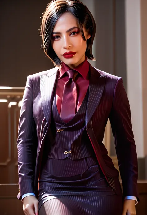 score_9, score_8_up, score_7_up, ada wong, awong_re4rm, three-piece suit, ((waistcoat)), black pinstripe skirt suit, dress shirt...