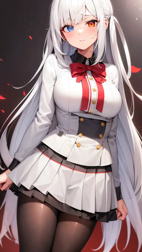 1 girl, white hair and half black straight and long, eyes heterochromia yellow and red, White Japanese school uniform with red bow, Short black skirt with horizontal white line, normal breasts, mirando al espectador, blush, Love, necessary, Anatomically co...