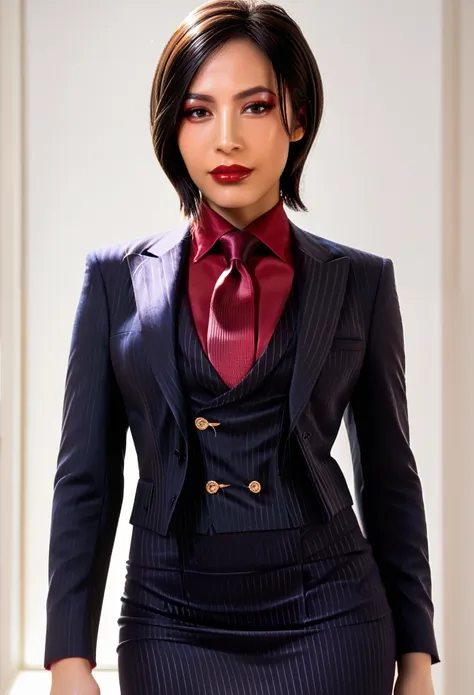 score_9, score_8_up, score_7_up, ada wong, awong_re4rm, three-piece suit, ((waistcoat)), black pinstripe skirt suit, dress shirt...