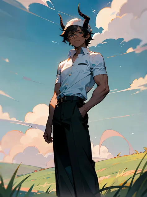 1male , Dark Skin , Messy black hair , White beanie with Horns connected , Baggy Black pants , Glasses , Black Unbuttoned Yukata , Lean Muscular , Standing In a grassy planes , Clouds, Facing Viewer