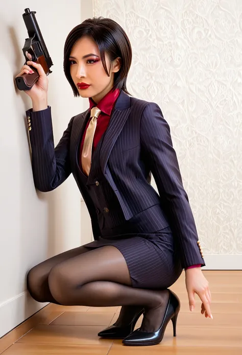 score_9, score_8_up, score_7_up, ada wong, awong_re4rm, three-piece suit,  formal, jewelry, ((waistcoat)), black pinstripe skirt...