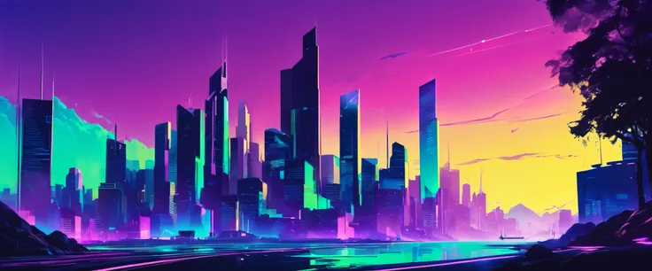 Neon, advanced technology, bold brushwork, high contrast, highly stylized futuristic city, silhouette illustration, blue, purple, green gradient