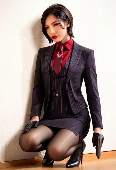 score_9, score_8_up, score_7_up, ada wong, awong_re4rm, three-piece suit,  formal, jewelry, ((waistcoat)), black pinstripe skirt suit, dress shirt, red silk necktie, blazer, suit jacket, bodycon pencil skirt, red shirt, suit trim, makeup, lipstick, black p...