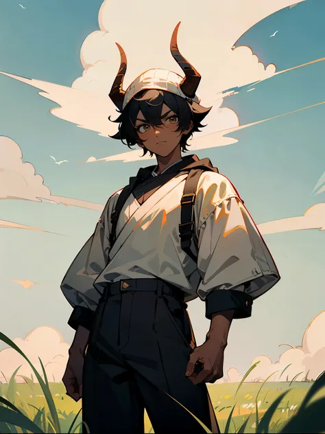 1male , Dark Skin , Messy black hair , White beanie with Horns connected , Baggy Black pants , Black Yukata , Lean Muscular , Standing In a grassy planes , Clouds, Facing Viewer , Serious Expression 