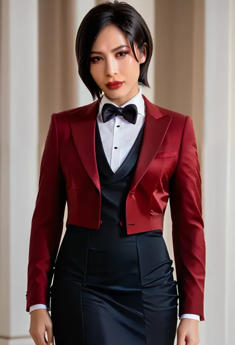 score_9, score_8_up, score_7_up, ada wong, awong_re4rm, three-piece suit, formal, jewelry, tuxedo, ((black waistcoat)), skirt su...