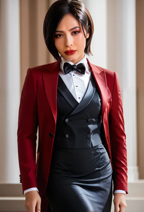 score_9, score_8_up, score_7_up, ada wong, awong_re4rm, three-piece suit, formal, jewelry, tuxedo, ((black waistcoat)), skirt su...