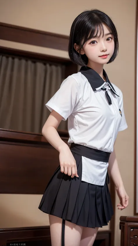 A Chinese girl，school uniform，She is short，Very white face，Her eyes were on her small, slightly pointed face.，Looks particularly black and large。Oily black short hair，Divide and stick tightly on the temples。The mouth is small，Full lower lip，When speaking，A...