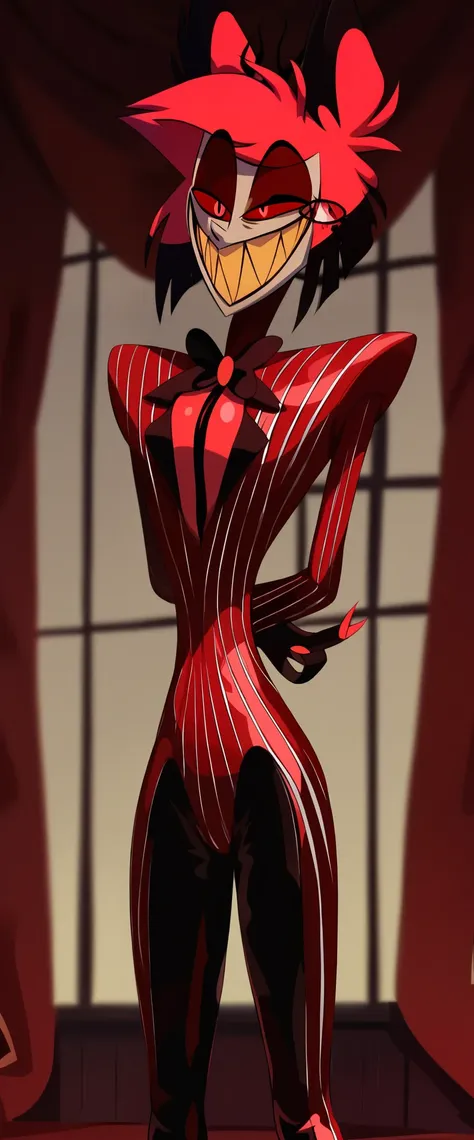 alastor (hazbin hotel), radio demon, extremely sharp toothed grin, (((((dark red formal (((shiny latex suit))) with pinstripes))...