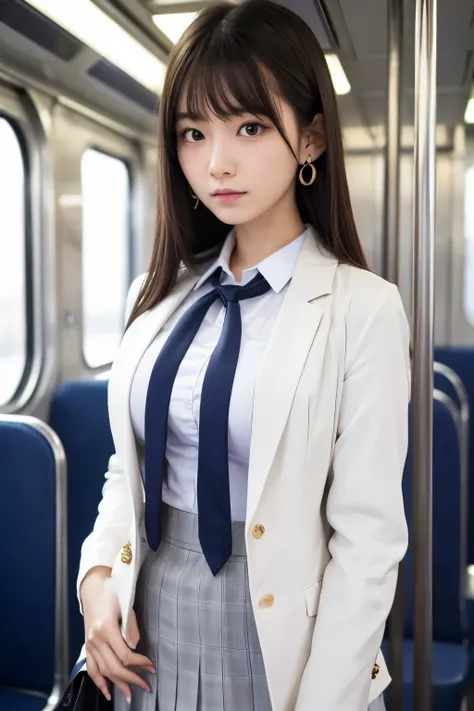 a Japanese girl standing in the train, Train, White wall, Grey table, ((masterpiece)), ((Highest quality)), ((Intricately detailed)), ((Surreal)),  perspective, Very detailed, figure, ((Natural beautiful breasts)), Perfect hands, Detailed fingers, Beautifu...