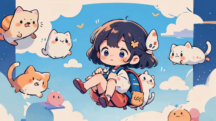  masterpiece, Best Quality, 8k, Cute Girl Chibi,cat,Flying in the sky