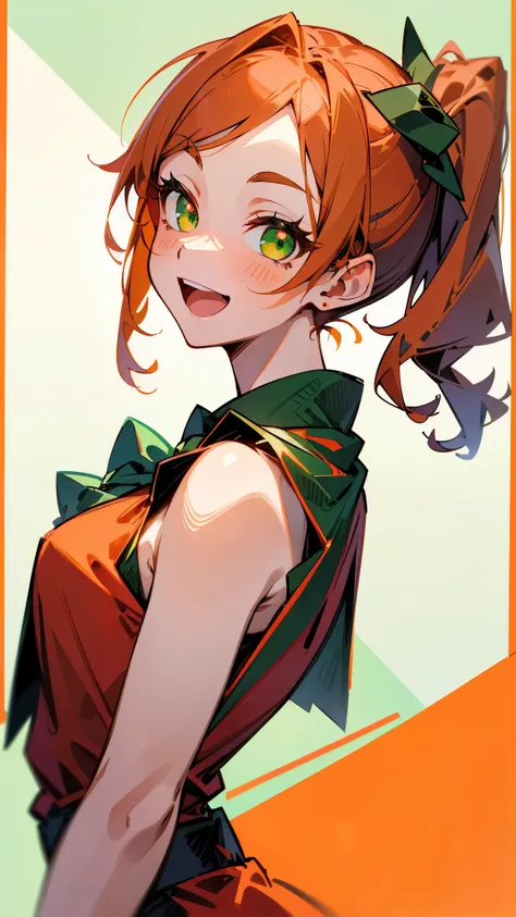 1 girl、Orange Hair、Big round green eyes、Side Ponytail、Smiling a little、smile、Open Mouth、From the side、Christmas、Dressed as Santa Claus、Red and green based colors、Upper body close-up、(Professional Lighting)、Write Boundary Depth、Simple Background