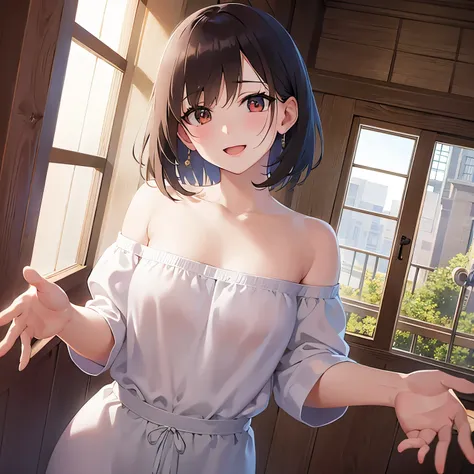 (outstretched arms:1.3)、head tilt, small breasts, (white) and (off shoulder blouse)、Upper Body, Realistic, Real person, (pale skin: 1.2), RAW photo, photorealistic, portrait photography, shiny skin, japanese idol、shiny hair、japanese, (2 woman) and (brown h...