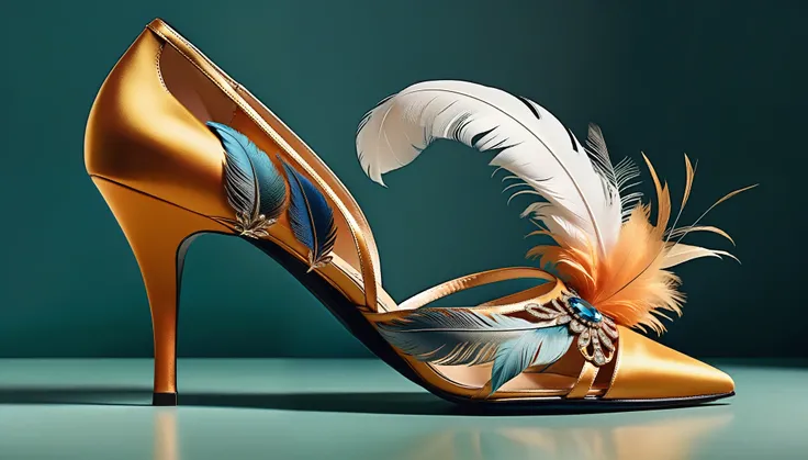 a close up of a shoe with a feather on the heel, a photo by Viktor Oliva, tumblr, art nouveau, chique, high fashion classy, luxury fashion, vouge style photo, vogue style, chic, logo in abstract style, art nouveau fashion, logo design, logo concept design,...