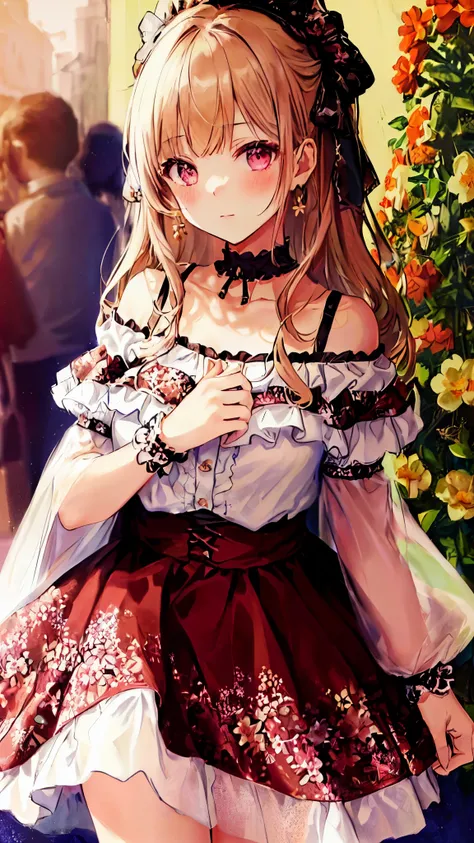 (best quality, masterpiece), 1girl, intricate details, off shoulder, skirt, choker, frills, see-through, looking at viewer, blush, upper body, blurry background, floral print, contrapposto