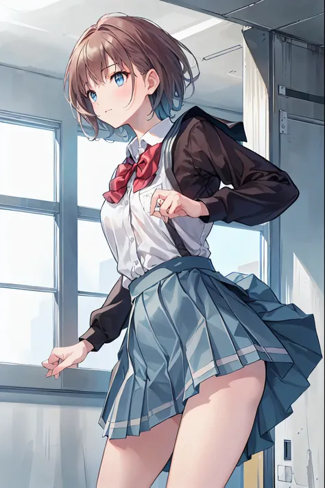 Brown Hair，Shortcuts，Disheveled Hair，Slender beauty，hole々Positive Attitude，Small box，Beautiful legs，Her mesmerizing grey-blue eyes shine like stars，(masterpiece:2.0), (Best Quality:2.0), (Ultra Mini Skirt, Super short length, Schoolgirl uniform:1.5), (Side...