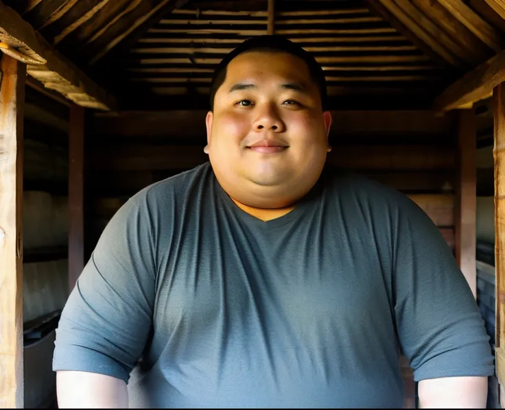 Fat Asian man in a wooden hut