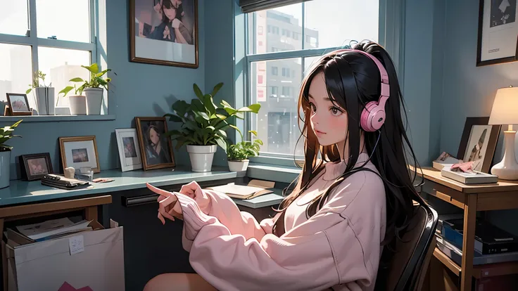 A cozy nighttime scene of a girl with long dark hair wearing pink headphones, sitting by a window. The window shows a starry sky with light snow falling outside. The room is softly lit with a warm glow, and there are two potted plants on the windowsill. Th...