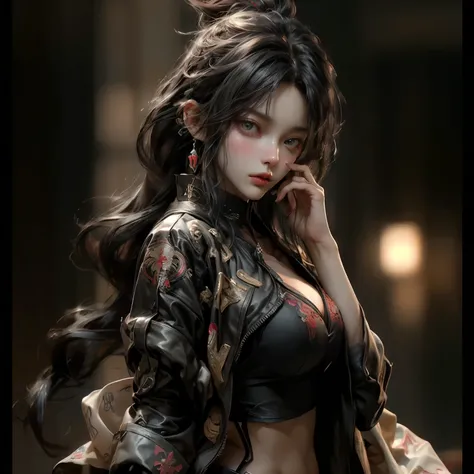 ((best quality)), ((Masterpiece)), ((Enrich the picture，Masterpiece level quality)), an image of a beautiful cyberpunk female, mature woman, fierce woman, cyberpunk theme, cyberpunk, fantasy, medieval, ((black hair, long hair)), beautiful golden eyes, supe...