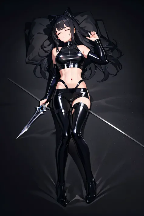 a dead sexy anime girl, wearing shiny crop top and shiny black metallic leggings, full body shot head to toe, lying down on the floor, closed eyes and a dagger inserted to her body 