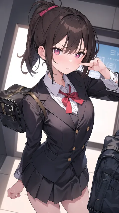 Anatomically correct, One Girl, Small breasts,  ｛Shortcuts:1.7｝, Short Ponytail, Brown Hair, Character Portrait,suit,Contempt/Angry Gaze, Tight skirt, school bag