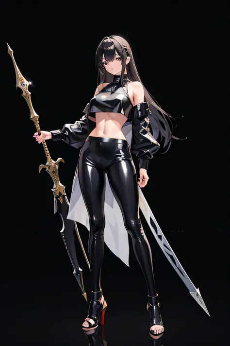 a sexy anime girl, wearing shiny crop top and shiny black metallic leggings, full body shot head to toe, standing firm, holding a spear, war background