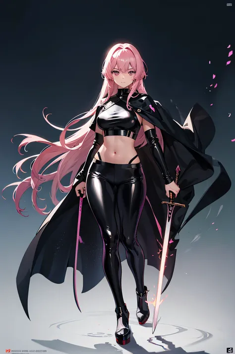 a sexy anime girl, wearing shiny crop top and shiny black metallic leggings, with a cape, full body shot head to toe, standing firm, holding sword on both hands, war background, and pink flame aura