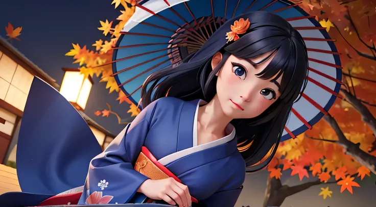 A neat and cute woman, a Japanese kimono, the color of the kimono is blue, night, autumn leaves, realistic anime