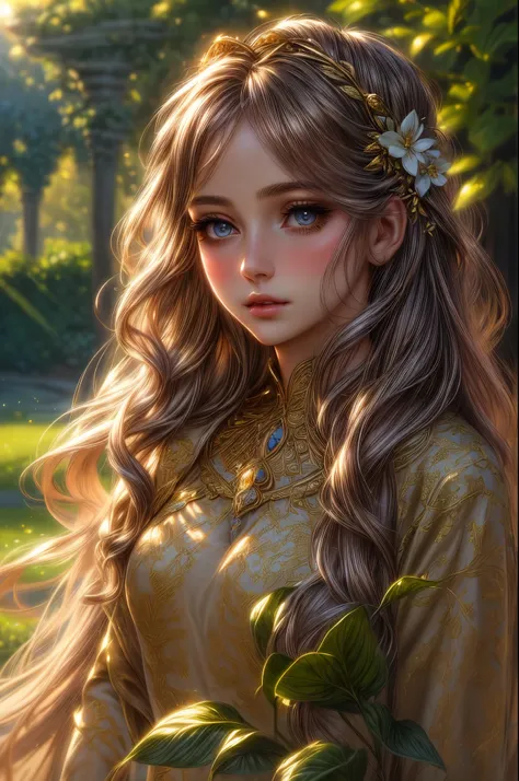 a beautiful young girl, detailed face, intricate eyes, delicate lips, long eyelashes, ethereal expression, flowing hair, elegant dress, in a lush garden, golden hour lighting, vibrant colors, photorealistic, masterpiece, 8k, ultra-detailed