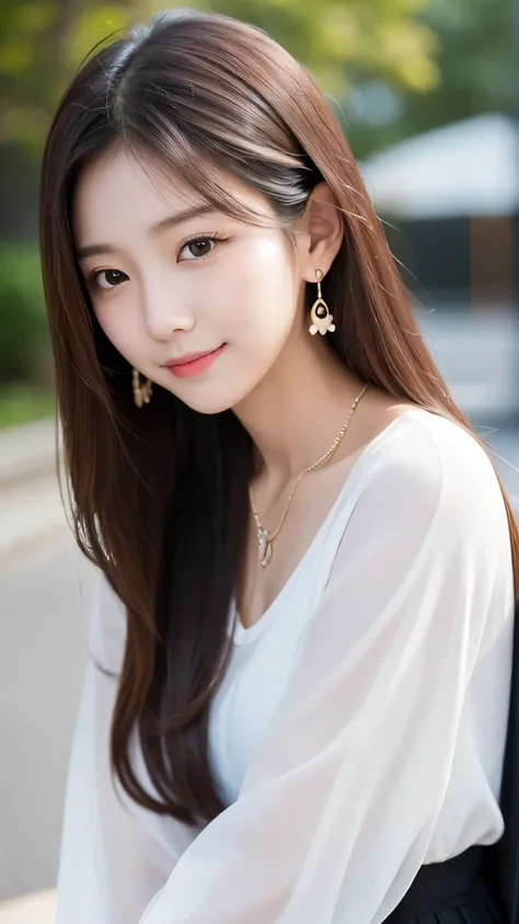 young korean woman A woman with long hair and a white shirt is posing, beautiful south Korean woman,Earrings　Thin Necklace　 gorgeous young Korean woman, beautiful young Korean woman, Popular Korean makeup, Popular Korean makeup, Korean woman, Pretty young ...