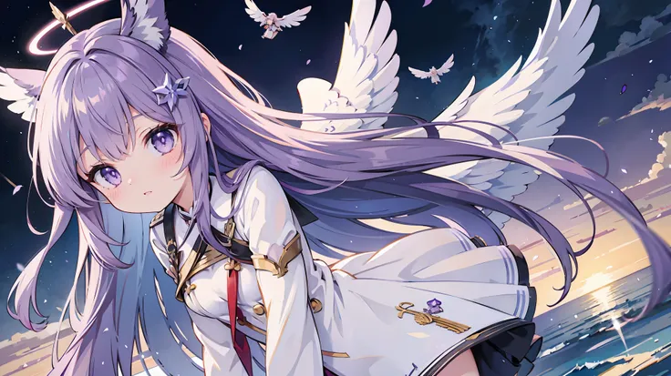 winged、purple long hair girl、azur lane、valkyrie、floating、school、angel halo