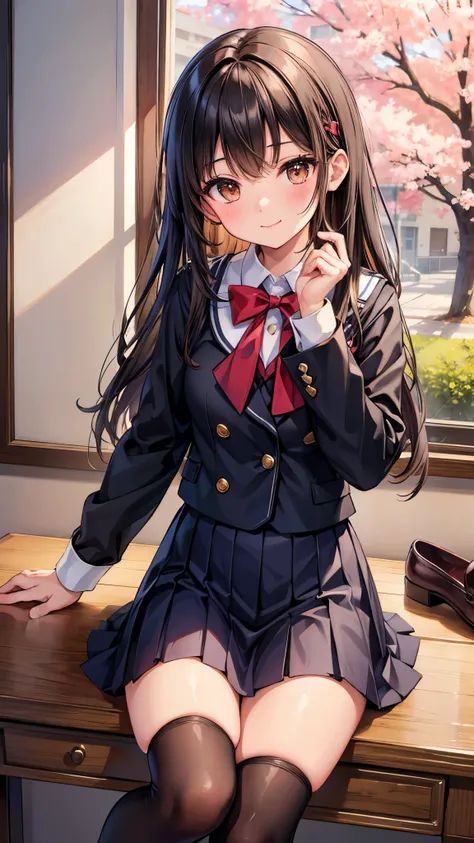 ((Best Quality)),(Ultra-high resolution),(Super detailed),(Detailed Description),((The best CG)),(masterpiece),Highly detailed art,(Art with precise detail:1.5), (High school girl:1.5),Black Hair,Brown eyes,Petite,cute,Fair skin with a slight flush on the ...