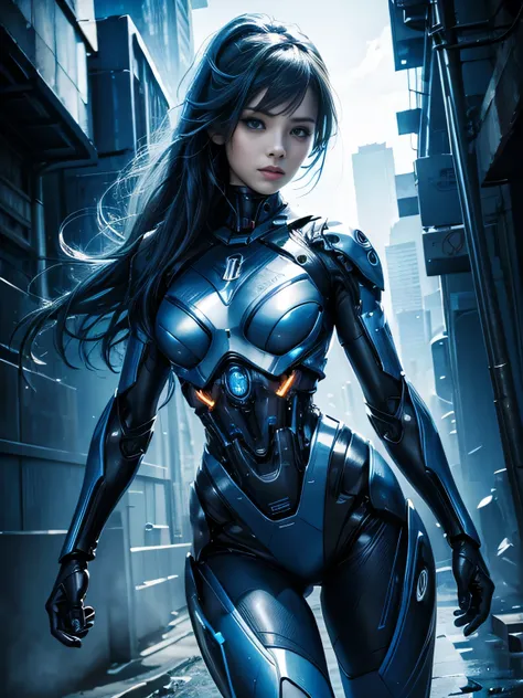 beautiful girl　cyborg　Charge　digital　Image color: Blue