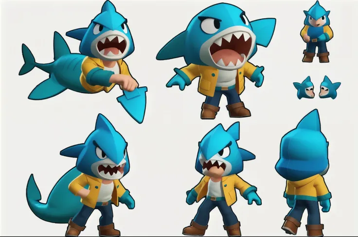 a Shark Man,character sheet,Cartoon proportion,full Body,Low-poly