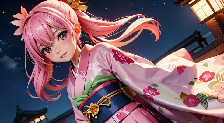 Neat and cute woman, Japanese kimono, kimono color is pink, night, carp, realistic anime