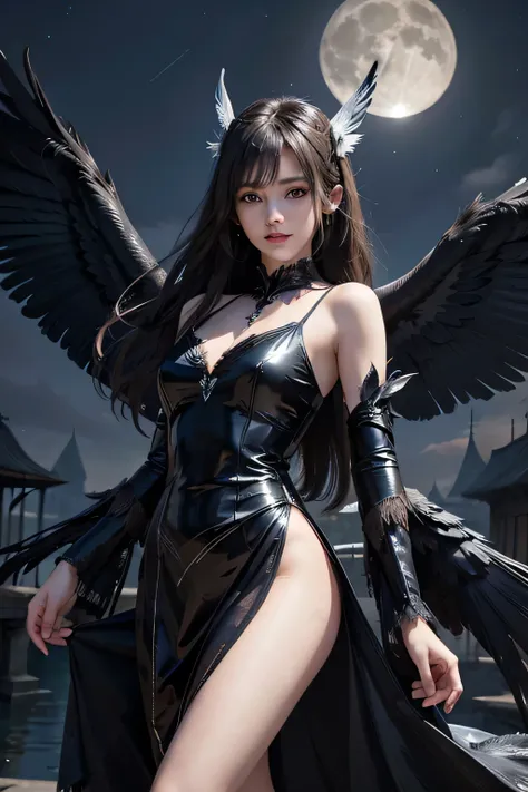 super Realistic, Harpy in the form of a young woman with large wings on her backn, Dancing in the night sky, Black feather dress, Shining Moon