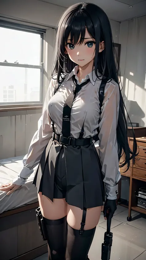 1 female, , high quality, masterpiece, Ultra-high resolution, , Cinema Lighting, , , And the suspenders with the cranes flying Large Breasts Small face holster Lying in bed Looking up Sweat belt summer 脇Sweat Black Hole Gloves su...
