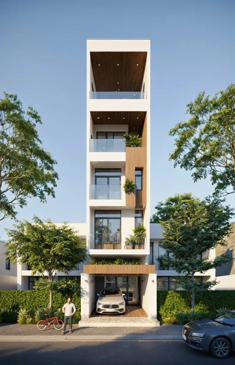 townhouse, Led light, spotlight out door, (modern style:1.2), (Open roof to see the sky), exterior design, perspective view, (open roof), Pavement, alphalt streets road, (next door neighbors house), (dawn light sky background), Low trees around the house, ...