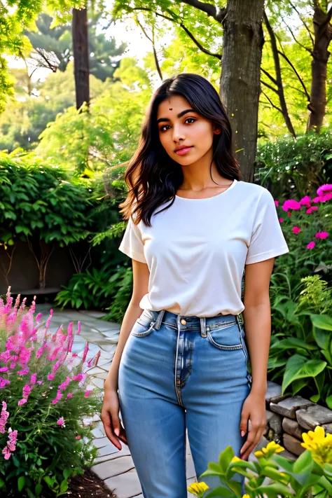 A 2 Indian woman standing in a beautiful garden, gently gazing at a blooming flower. She is wearing casual, comfortable clothes, like a summer dress or light top and jeans. Her expression is peaceful and captivated by the beauty of the flower. The garden i...