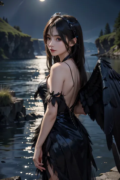 super Realistic, Harpy in the form of a young woman with large wings on her back, Black feather dress, A lake at midnight with moonlight in the background