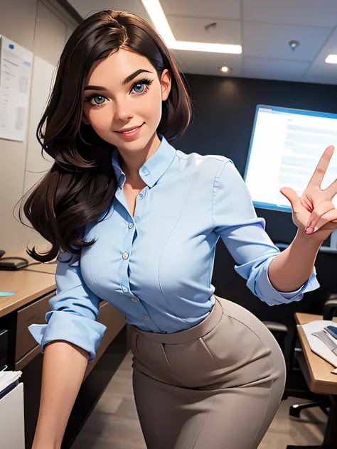 a woman in her mid-20s of European type. She is happy about a personal success. She strikes a winning pose. She looks happily into the camera. She works in an office. 