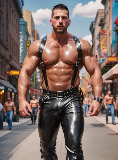 Roman Todd, facial hair, mohawk, shiny latex, huge muscles, diamond earrings, huge crotch bulge