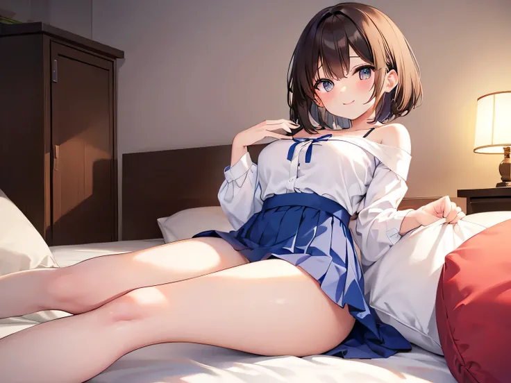 (masterpiece、Best Quality、High resolution、Realistic photo、Real looking skin:1.1)、
(A woman sits on a bed in a love hotel:1.8)、
(The skirt is so short that her panties are visible:1.8)、
(Looking at her from a frontal perspective:1.8)、
(She has a happy smili...