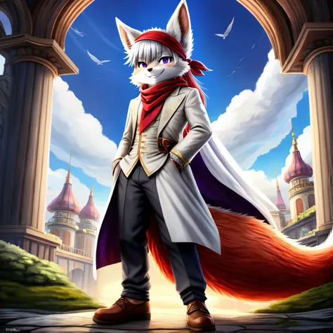 ((best quality)), ((masterpiece)), (detailed), 1boy, nanachi, fluffy, very fluffy tails, multiple tails, grey, and white fur color, pants, shoes, detailed, smiling, grey and white fox animal in the background, tall, adult, fancy clothes, epic background, e...