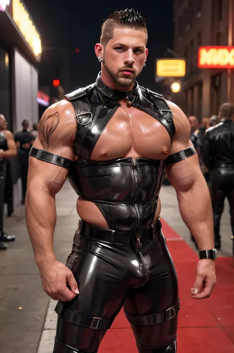 Roman Todd, facial hair, mohawk, latex, huge muscles, diamond earrings