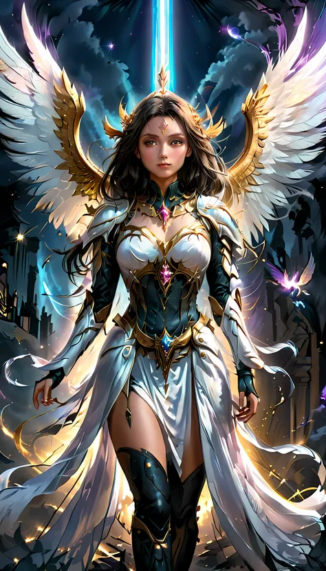 an epic fantasy art of aasimar, female, paladin ready for battle under the full moon, holy warrior, spread large feathered wings...