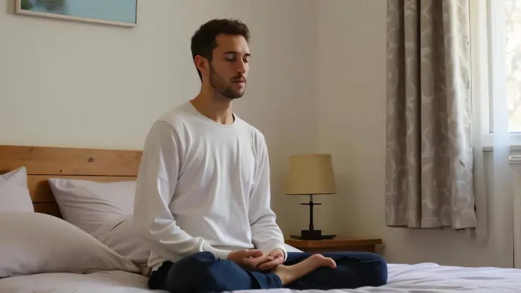 a man is sitting in meditation on a bed in a quiet, peaceful room. He is wearing a long-sleeved white shirt and blue pants, sitting in a cross-legged meditation posture. His face shows relaxation and concentration, with his eyes gently closed. Both of his ...