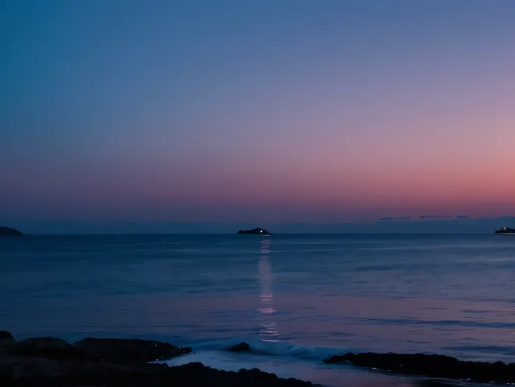 Calm sea, completely after sunset, twilight, dark sky, sky gradation from dark blue to pink, island in the distance